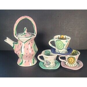 Watermelon Tea Pot & 3 Cups & Saucers Clay Pottery Handmade in Ashland OR VTG